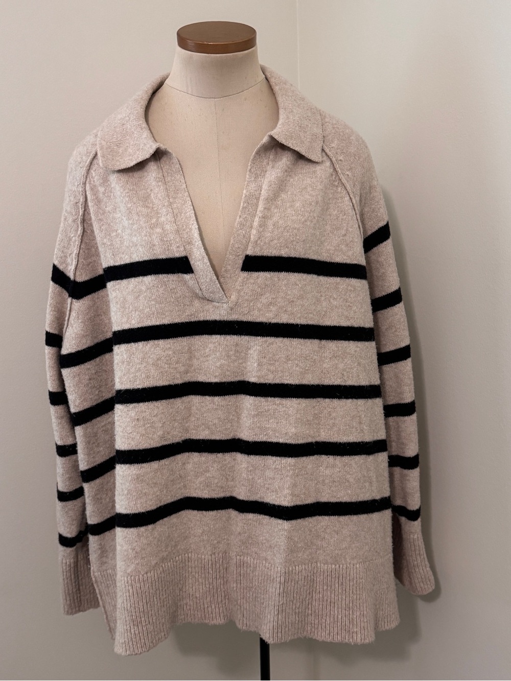 Aerie XL Striped Beige & Black Oversized V-Neck Sweater